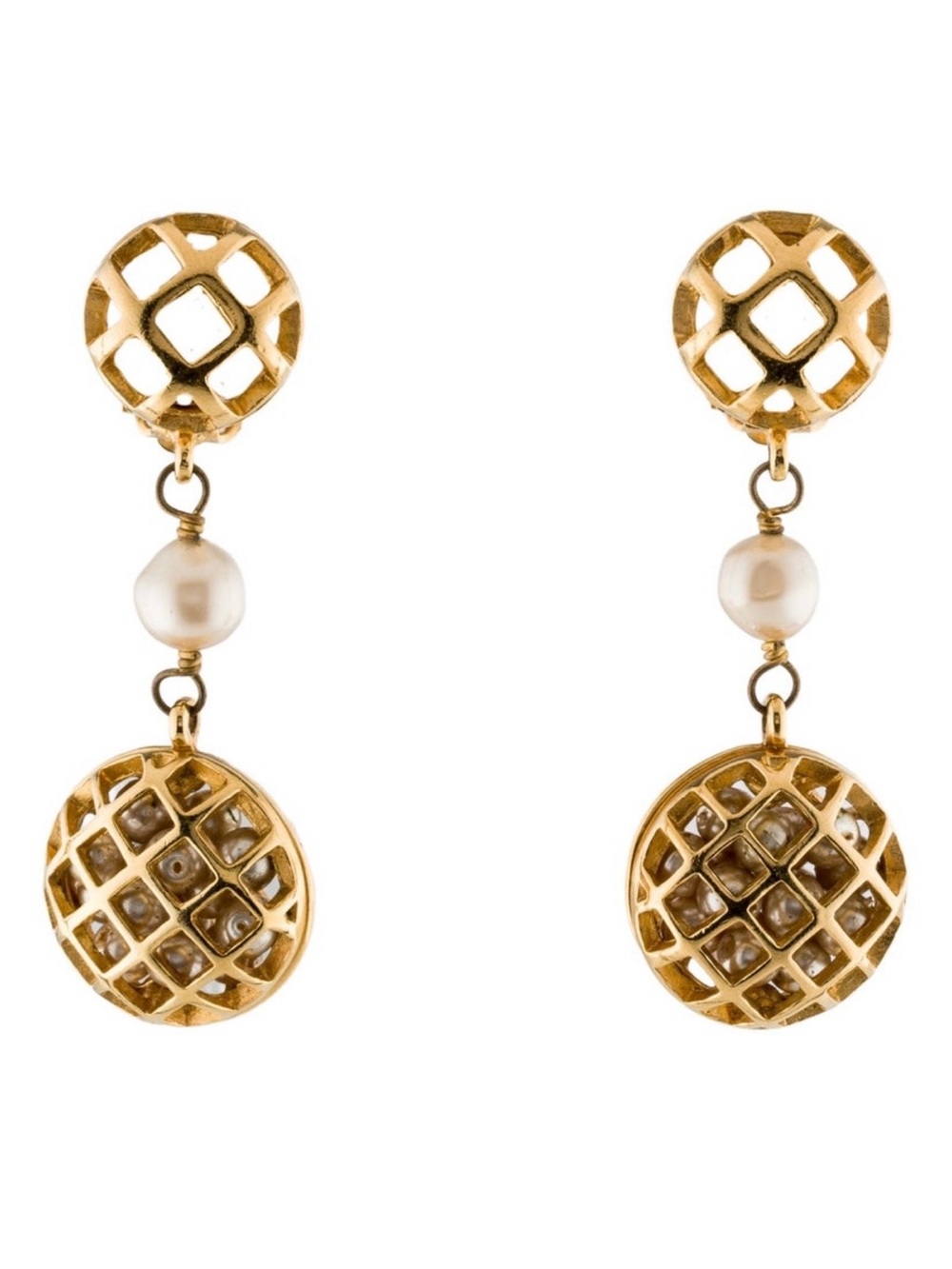 Chanel! Gold Lattice Drop Pearl Earrings -